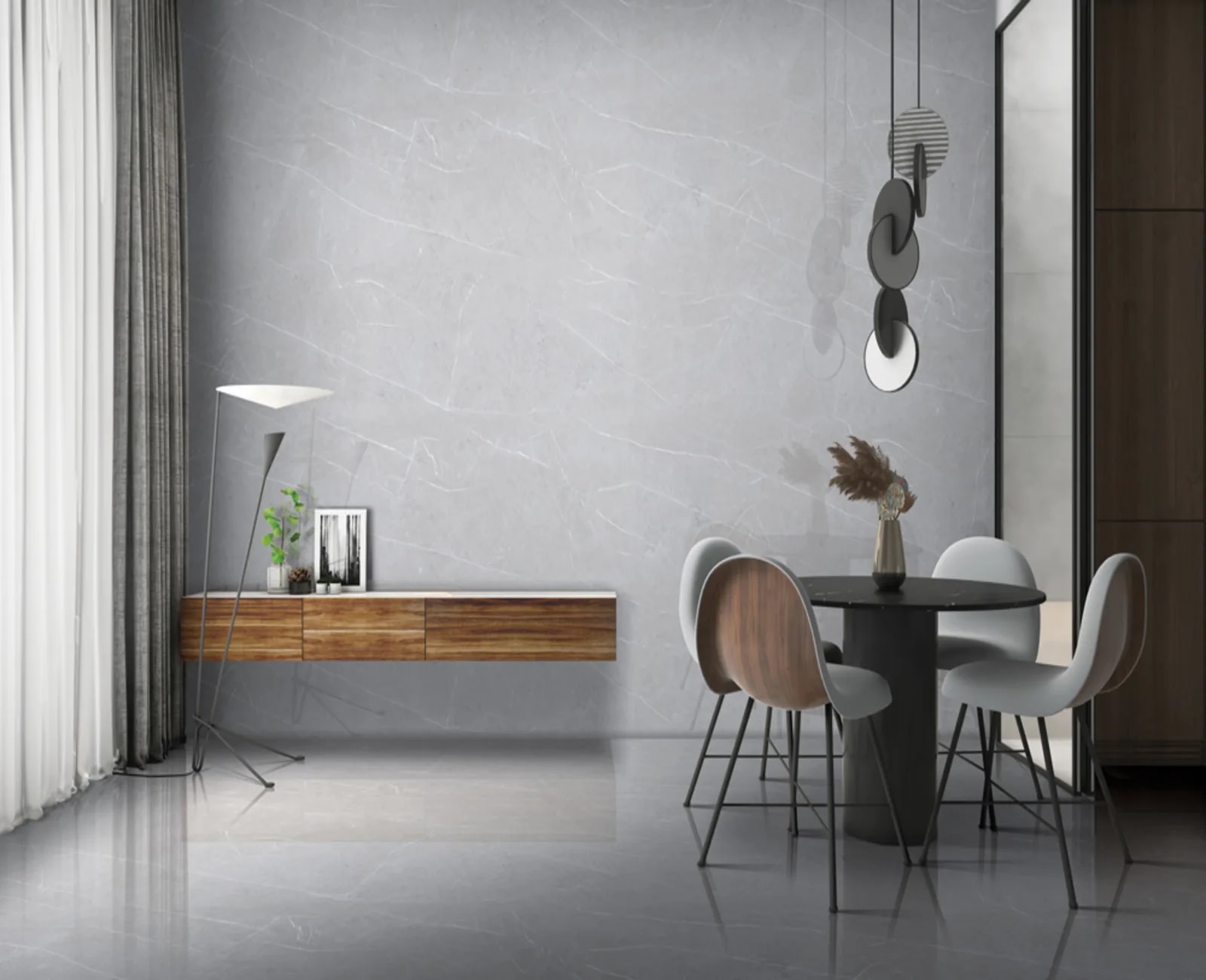 Porcelain stoneware tiles in an interior
