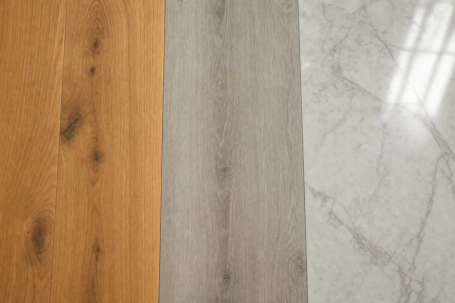 Three floor coverings compared: engineered oak board, SPC vinyl and porcelain stoneware tile