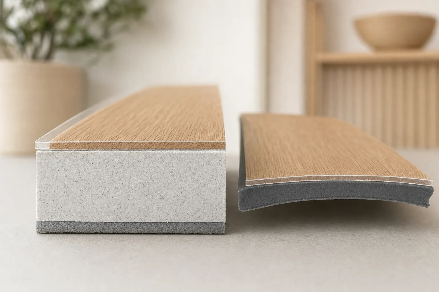 SPC and LVT vinyl plank cross-sections side by side: rigid limestone core and flexible PVC base