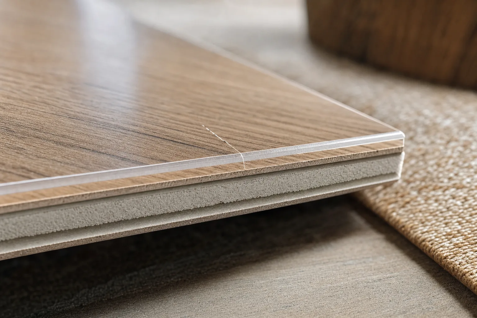 Macro shot of a vinyl plank corner: transparent wear layer over a wood-pattern decor