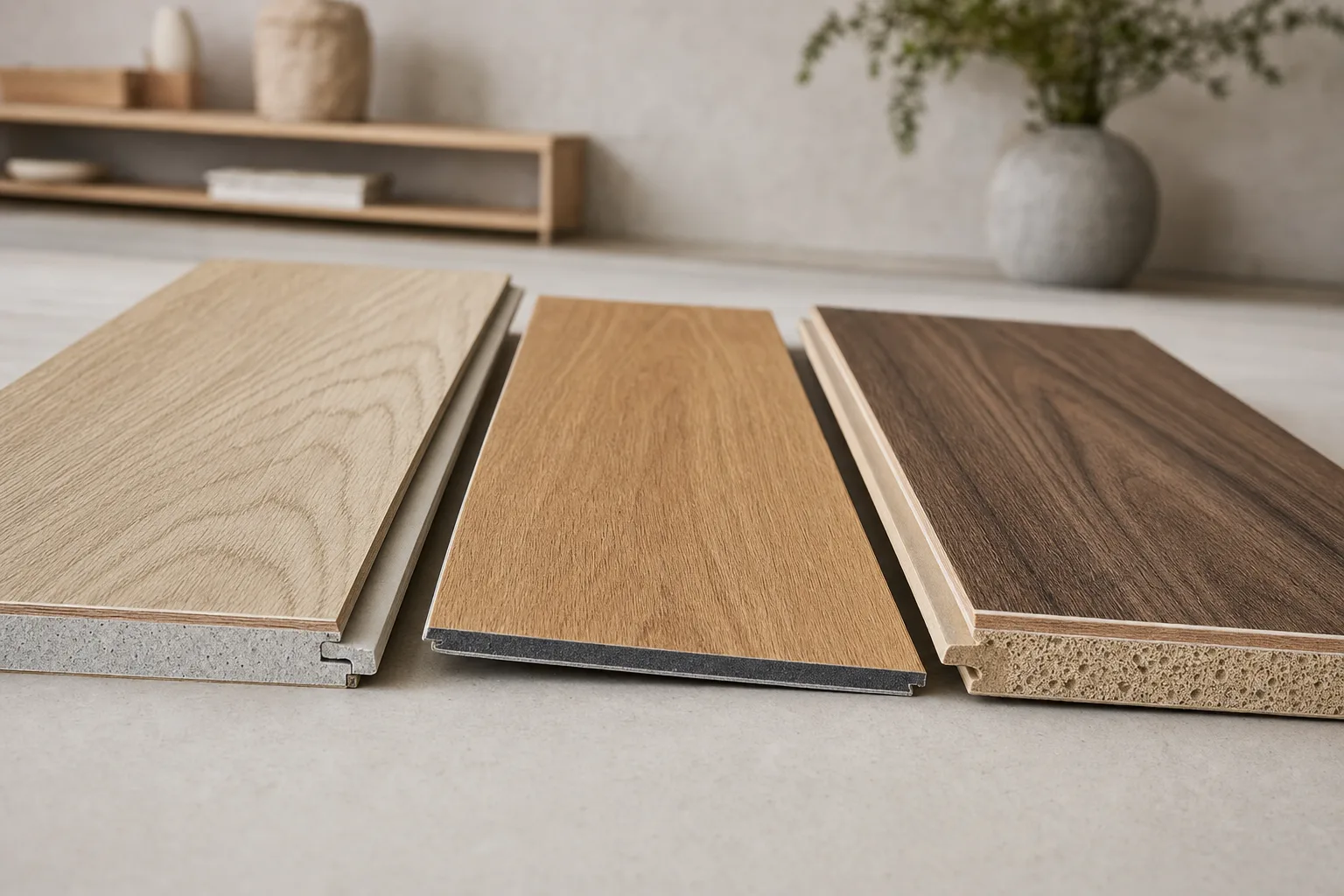 Cross-sections of SPC, LVT and WPC vinyl planks side by side — different core layers
